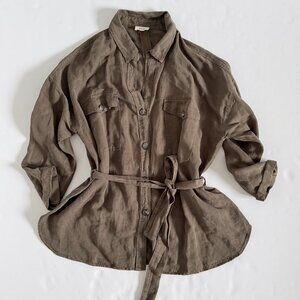 Diega Women's Top LARGE Button Down Belted Olive Green Pockets Tencel/Linen